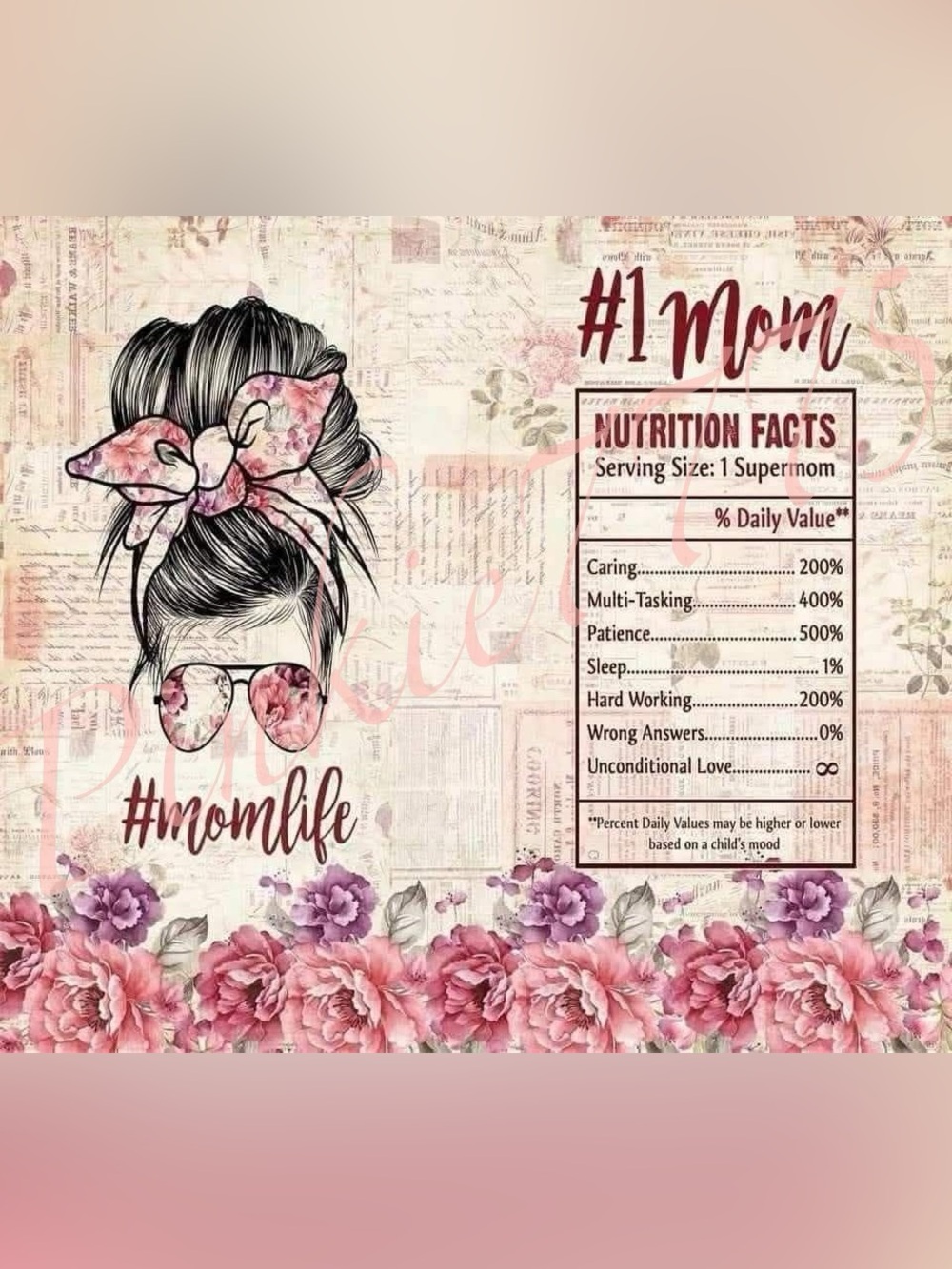 Pink Floral #Momlife Coffee Tea tumbler  – Mom Nutrition Facts Design
